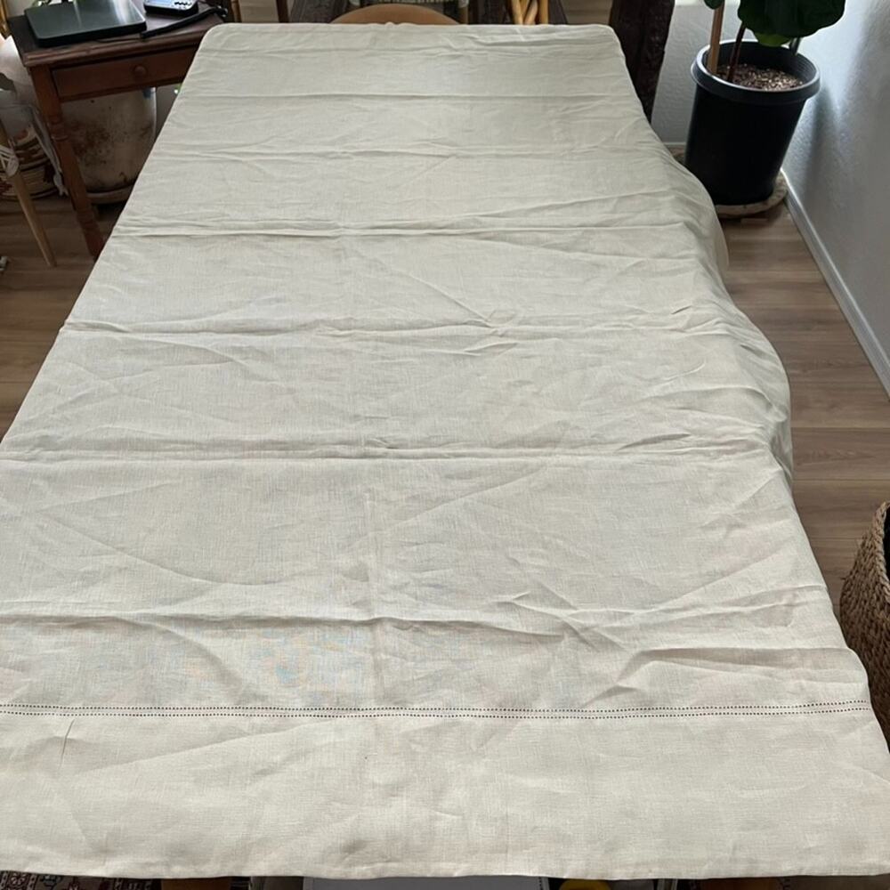 Williams Sonoma Beige 70" x 90" Linen Blend Double Hemstitch Tablecloth